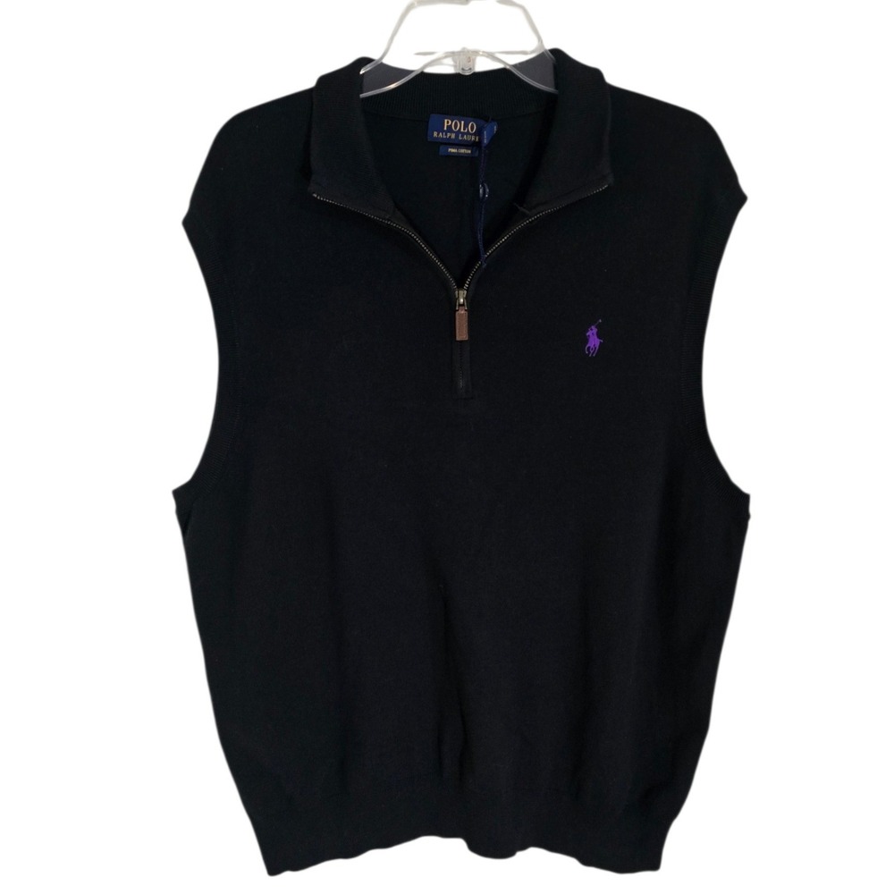 Polo Ralph Lauren Black 100% Pima Cotton Half Zip Sweater Vest Purple Logo Men L